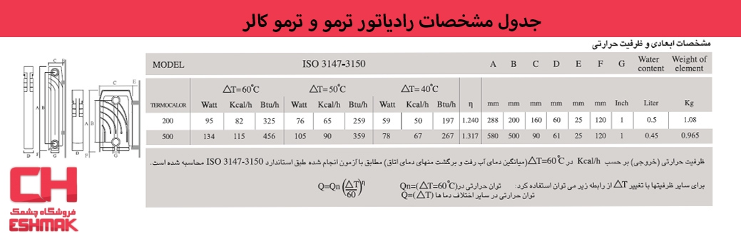 جدول رادیاتور آلومینیومی ایران رادیاتور مدل ترمو 500