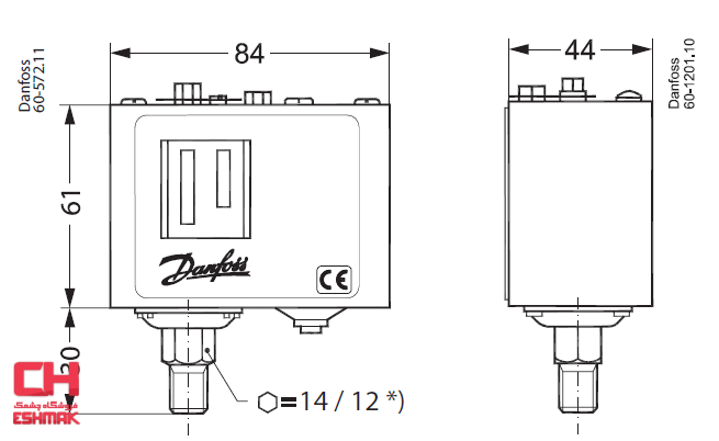 مشخصات ابعادی پرشر سوئیچ دانفوس مدل KP35